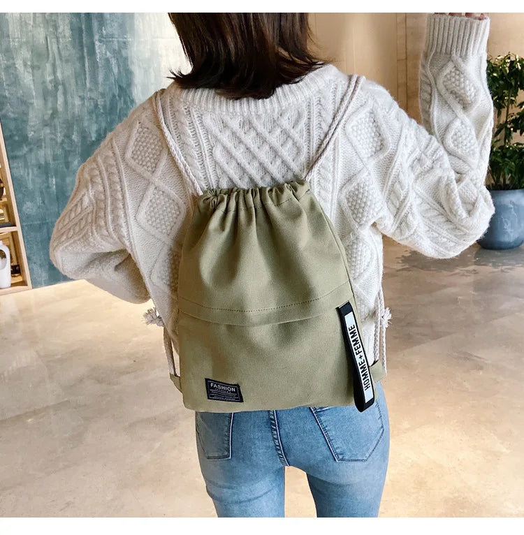 2022 New Women Casual Canvas Drawstring Backpack Men Solid Color Letter Pattern Bag Drawing Straps Closure Fashion Outdoor Bag