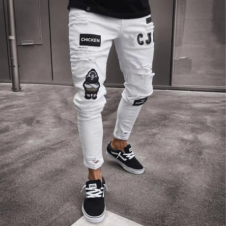 Men's Ripped Pencil Pants Men Skinny Denim Biker Side Striped Jeans Men's Fashion Foot Mouth Zipper Hip-Hop Slim Denim Trousers