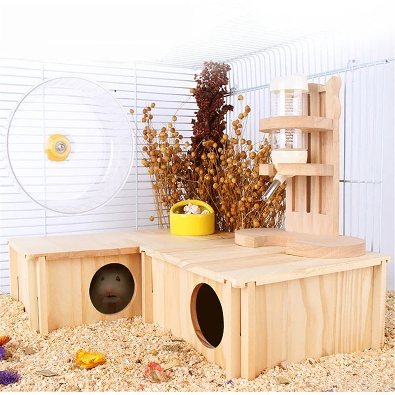 K5DC Hamster House with 2 Chambers Pet Wooden Hideout Nesting Habitat for Gerbils Chinchillas Guinea Pigs Small Animals