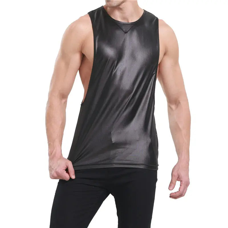 Sexy Mens Tank Tops Sleeveless Undershirts Faux Leather WetLook Stage Dance Clubwear Male NightClub Muscle Shirt Casual Men Vest