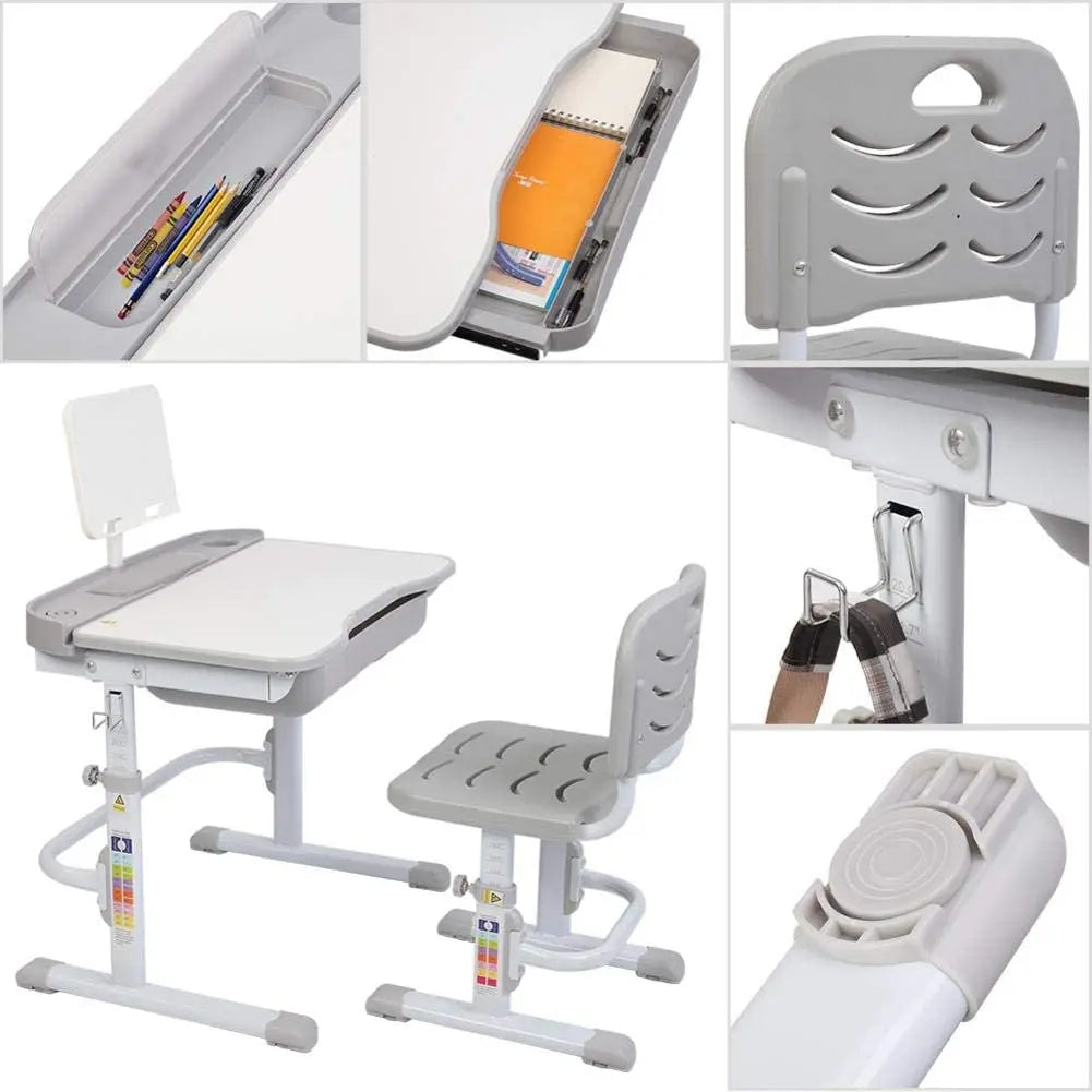 70/80 CM Kids Desk and Chair Set Height Adjustable Children Learning Table Sturdy Desktop Gray With Reading Stand for Boys Girls