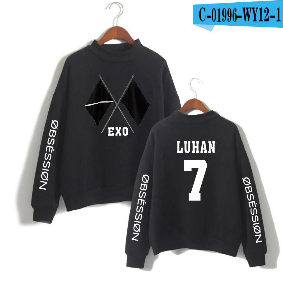 KPOP EXO NEW ALBUM Sixth Album OBSESSION WE ARE ONE EXO Print Women/Men High Collar Sweatshirt Casual Turtlenecks Clothes