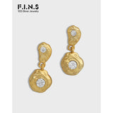 F.I.N.S Genuine 925 Sterling Silver Geometric Irregular Uneven Surface Drop Earrings CZ Dangle Fine Jewelry For Women Fashion