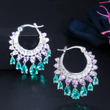 CWWZircons Brilliant CZ Crystal Green Dangling Fringed Waterdrop Round Hoop Earrings for Women New Trendy Bohemian Jewelry E0451