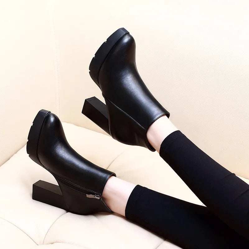 Fashion Casual Zipper Pointed Toe Soft Leather Women Shoes Square High Heel Ankle Boots Black Motorcycle Boots Shoes