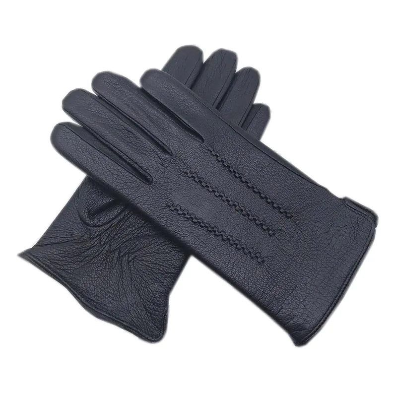 Winter Men's Deerskin Gloves Wrist Fashion New Genuine Deerskin Gloves Wool Lining Machine Sewing Warm Driving Riding Riding Col