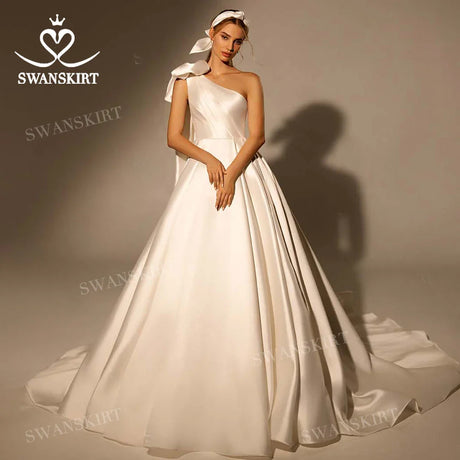 Vintage Bow Satin Wedding Dress 2024 New Fashion One Shoulder A-Line Train Bride Gown Princess SwanSarah W101 Vestido De Novia