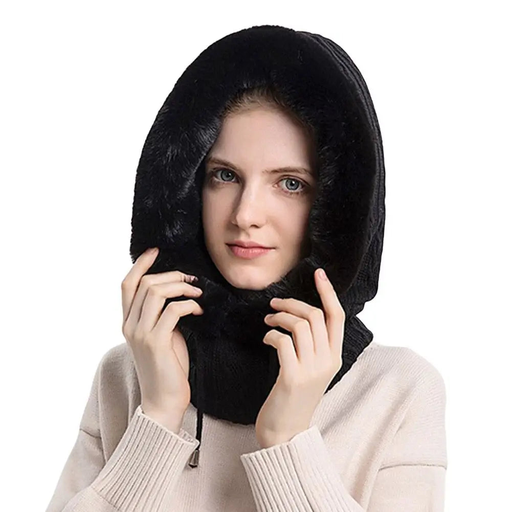 Winter 3 in1 Warm Women Knitted Ski Hat With Scarf Neck  Fleece Lined Hood Face Mask Adult Balaclava For Outdoor Sports