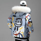 Hipster Winter Down Jacket Men Cartoon Little Devil Print Hooded Thick Windbreaker Oversize Harajuku Padded Jacket Coat Outwear