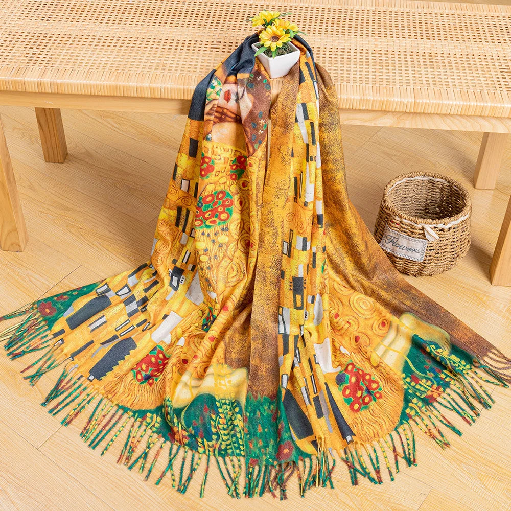 New Cashmere Scarf Women Digital Printing Pashmina Shawl Wraps Gustav Klimt Oil Painting Der Kuss Bandana Femme Foulard Tassels