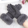 Women Faux Rabit Fur Wrist Suede Leather Touch Screen Driving Glove Winter Warm Plush Thick Full Finger Cycling Black Mitten H92