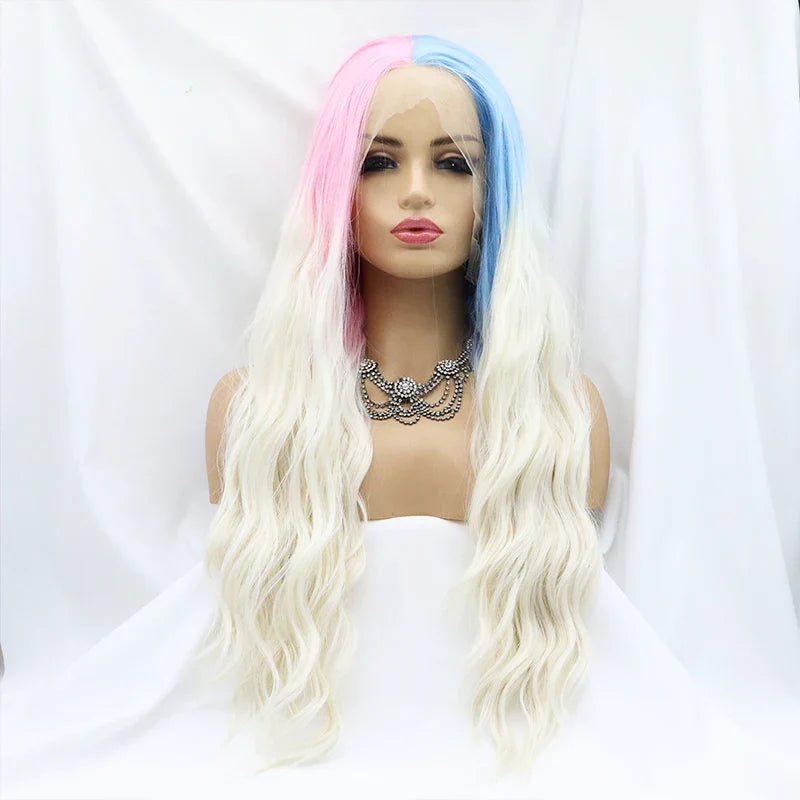 Cosplay Synthetic Lace Front Wig Platinum Blonde Ombre Half Pink Half Blue Curly Body Water Wave Frontal Wigs For Black Women