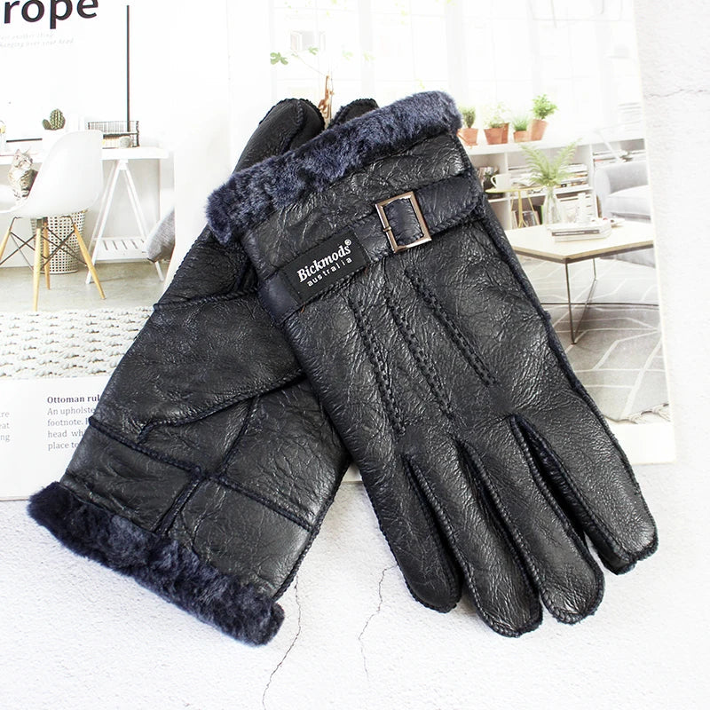 Sheepskin Fur Gloves Men's Thick Winter Warm Large Size Outdoor Windproof Cold Hand Stitching Sewn Leather Finger Gloves