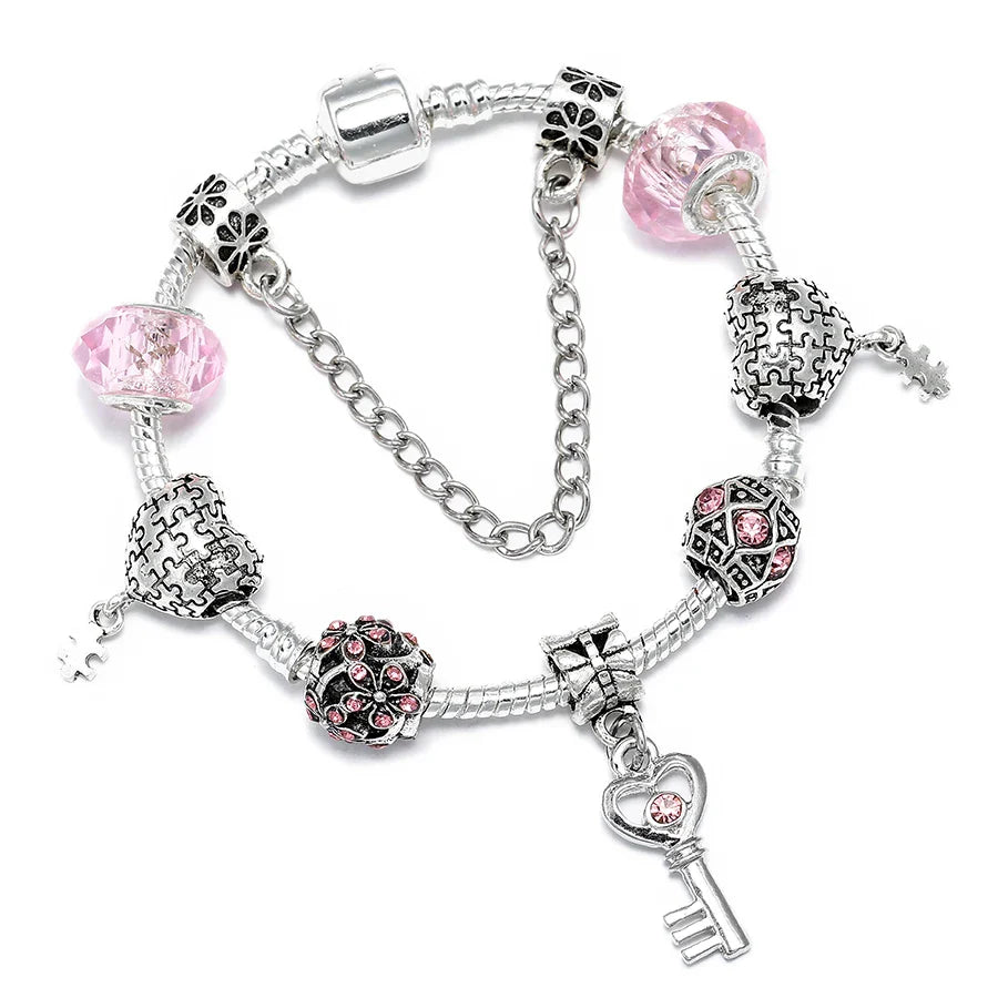 Seialoy Silver Plated Heart Key Pendant Charm Bracelets For Women Original Girls Princess Crown Beaded Bracelet Wife Jewelry