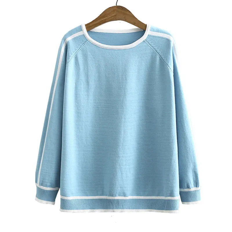 Women's Sweaters Plus Size Fashion Autumn Jumper Striped Splice Raglan Sleeve Tops Covering Yarn Knitted Pullover 3XL