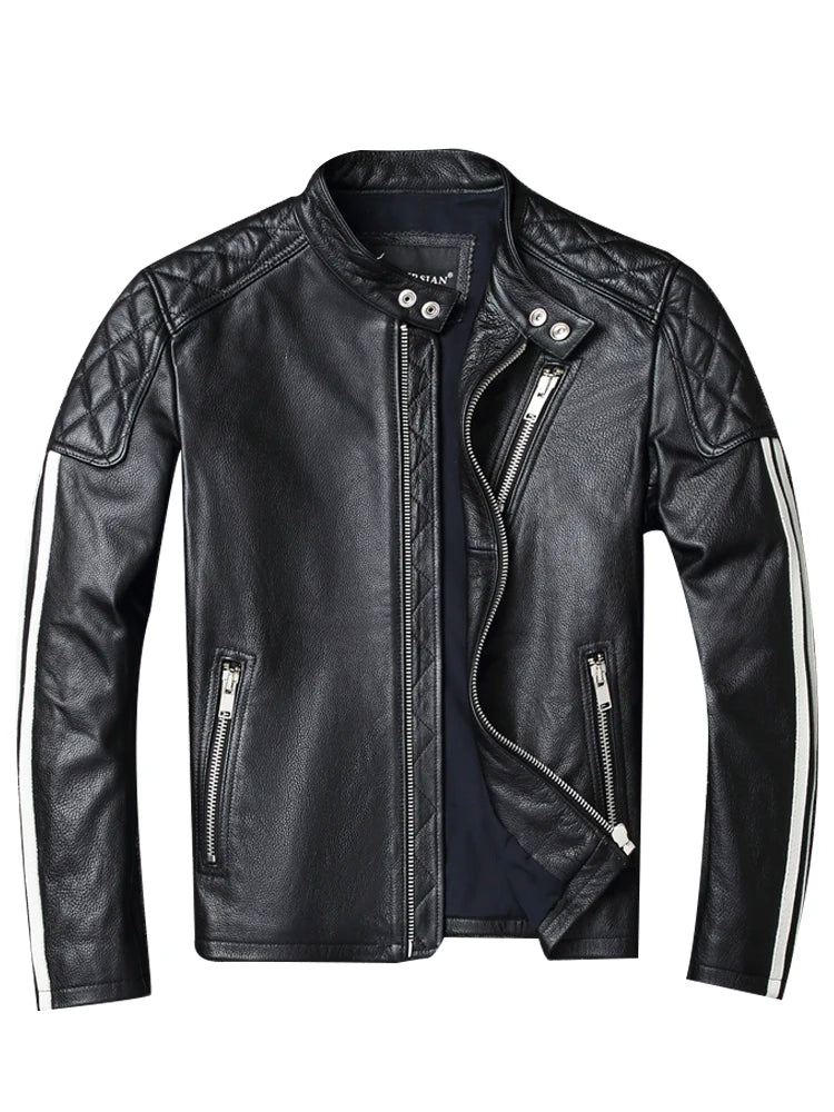 2021 New fashion Men Leather Jacket 100% Genuine Cowhide Coat  White Stripes  Cool Biker Slim Short Autumn Leather Clothing.