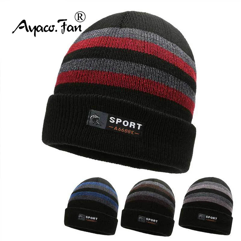 Winter Hats for Women Thick Beanies Letter Striped Knitted Cap Autumn Patchwork Beanie Men Fleece-lined Warmer Bonnet Casual Cap