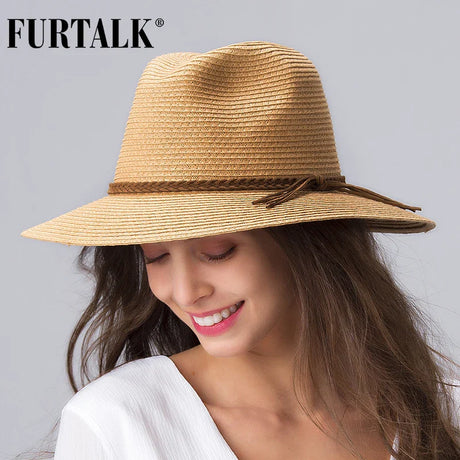 FURTALK Summer Straw Hat for Women Panama Beach Hat Bucket Sun Hats Female Summer Big Brim UV Protection Cap chapeau femme 2020