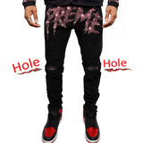 New Men Trend Black Ripped Jeans Fashion Street Hole Trousers Cozy Skinny Design Hot Rhinestone Stretch Soft Washed Denim Pants