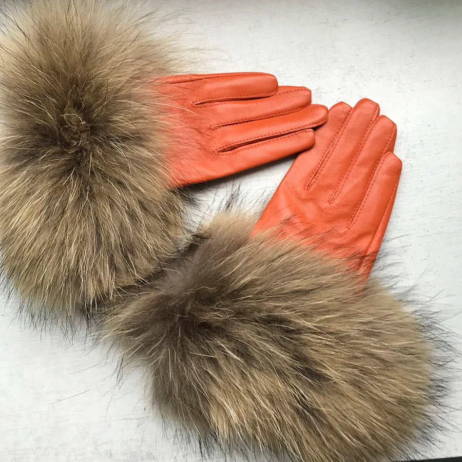 Real Sheepskin Fox Fur Gloves Women's Genuine Leather Glove Winter Warm Fashion Style Natural Fluffy Fox Fur Oversized Customize