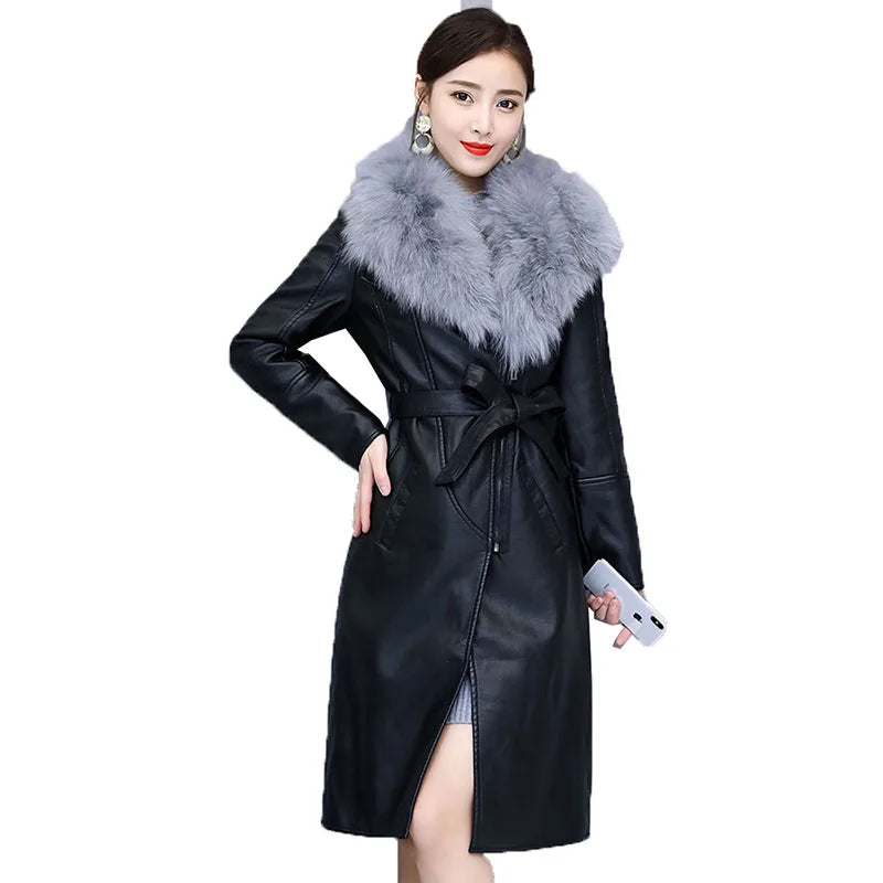 Women's Leather Jacket Winter 2023 New Add Velvet Warm Slim Big Fur Collar Long Leather Coat Female Outerwear With Belt M-4XL