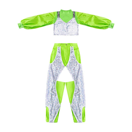 Girls Hip Hop Dancing Clothing Kid Sequins Stitching Green Jazz Costumes Performance Dancewear Street Dance Stage Clothes Outfit