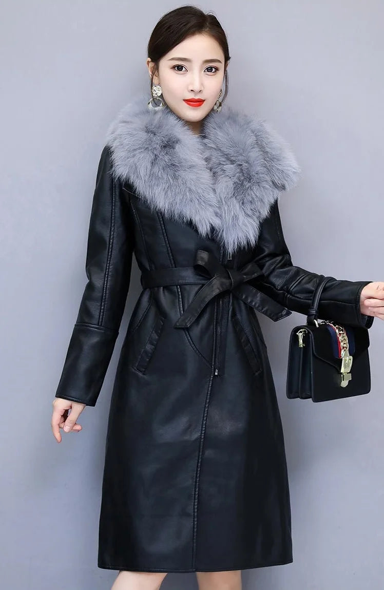 Women's Leather Jacket Winter 2023 New Add Velvet Warm Slim Big Fur Collar Long Leather Coat Female Outerwear With Belt M-4XL