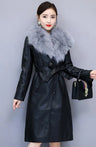 Women's Leather Jacket Winter 2023 New Add Velvet Warm Slim Big Fur Collar Long Leather Coat Female Outerwear With Belt M-4XL