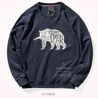 American Retro Terry Printed Hoodies Men's Pure Cotton Washed Old Round Neck Pullover Knitted Long-sleeved Casual Sweatshirts