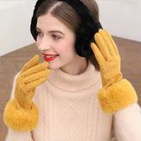 Women Faux Rabit Fur Wrist Suede Leather Touch Screen Driving Glove Winter Warm Plush Thick Full Finger Cycling Black Mitten H92