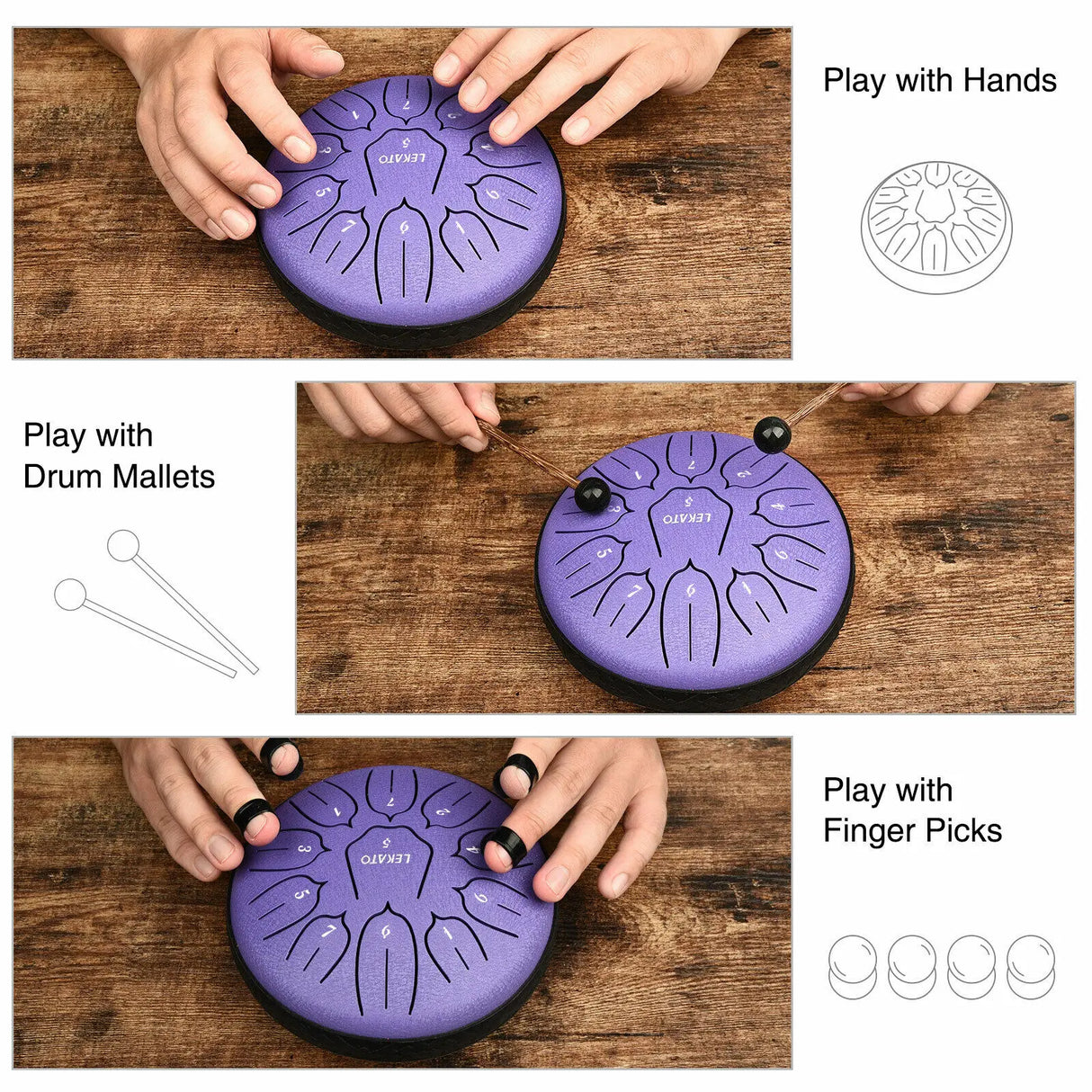 LEKATO 6'' Tongue Drum 11 Notes D Tune Handpan Percussion Musical Instrument Accessories Drum Pad Tank Sticks Carrying Bag