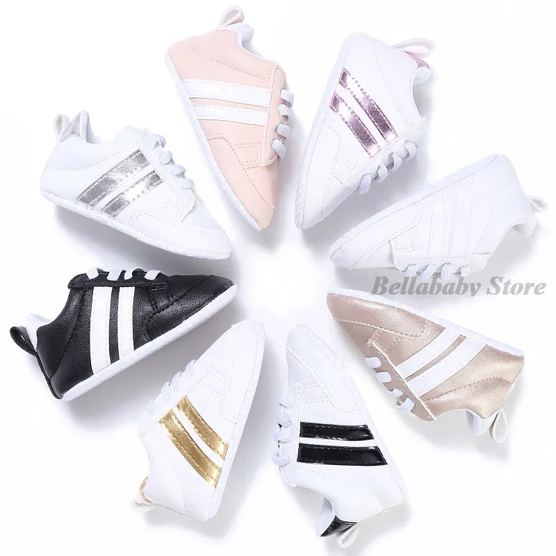 First Walkers Baby Girl Gold Shoes Autumn PU Leather Toddler Boy Sneaker Striped Black Newborn Baby Shoes Outdoor Soft Anti-slip