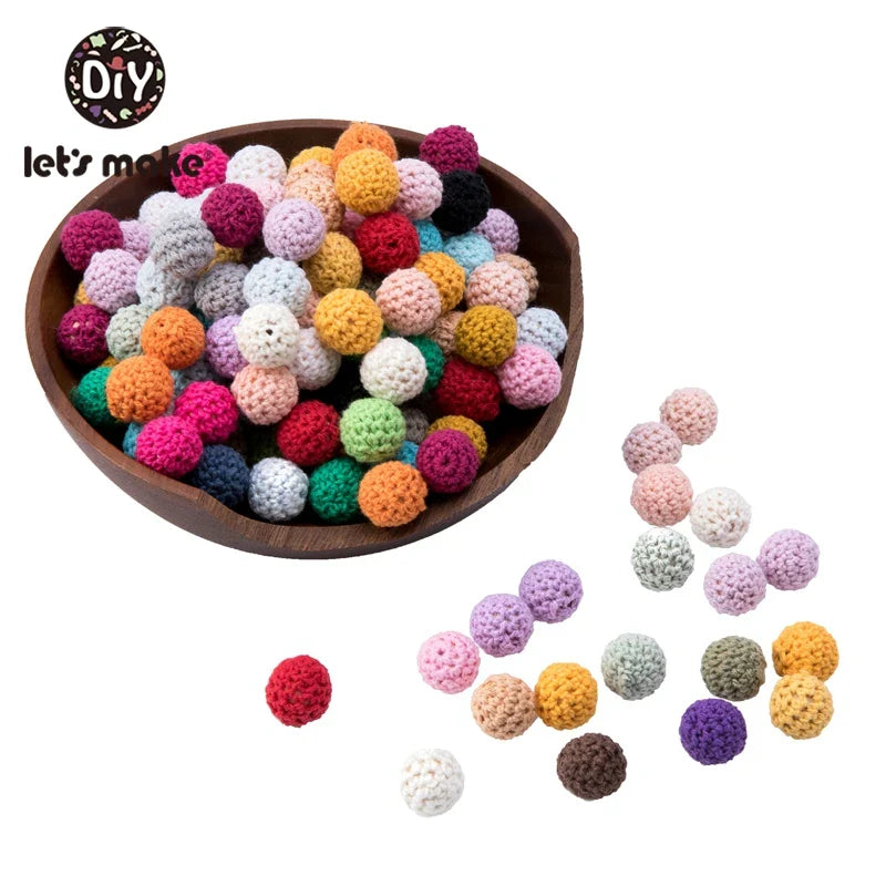 Let's Make 100Pcs Crochet Beaded Wood Teether 16mm Round Baby Wooden Teether Crochet Toys Braided Teething Beads Baby Oral Care