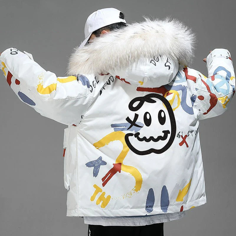 Hipster Winter Down Jacket Men Cartoon Little Devil Print Hooded Thick Windbreaker Oversize Harajuku Padded Jacket Coat Outwear