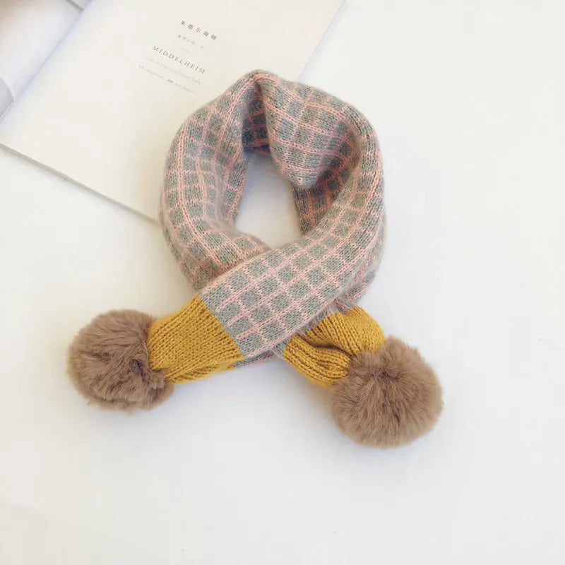 New Winter Children Plaid Knitted Scarves Korean Style Soft Pompon Patchwork Shawl Kids Warm Neckerchief