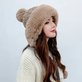 2021 New Pompom Winter Hats For Wome Earmuffs Thicken Ear-flapped Hat Fleece Lined Girl Knit Bonnets Cute Ladies Ear Beanies Cap