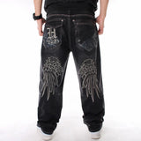 Plus Size Waist 30-46Inch Streetwear Baggy Jeans Men's Designer Clothes Embroidered Flower Wings Trousers Male