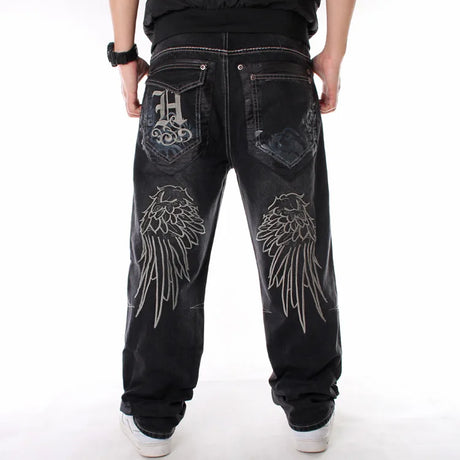 Plus Size Waist 30-46Inch Streetwear Baggy Jeans Men's Designer Clothes Embroidered Flower Wings Trousers Male