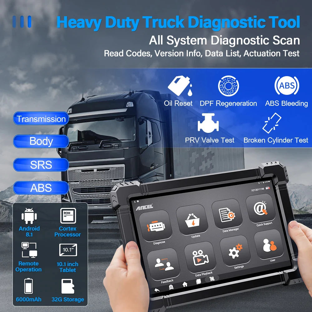 ANCEL X7 HD Heavy Duty Truck Diagnostic Tool Professional Full System 12V 24V Oil D-P-F Regen ECU Reset OBD2 Truck Scanner