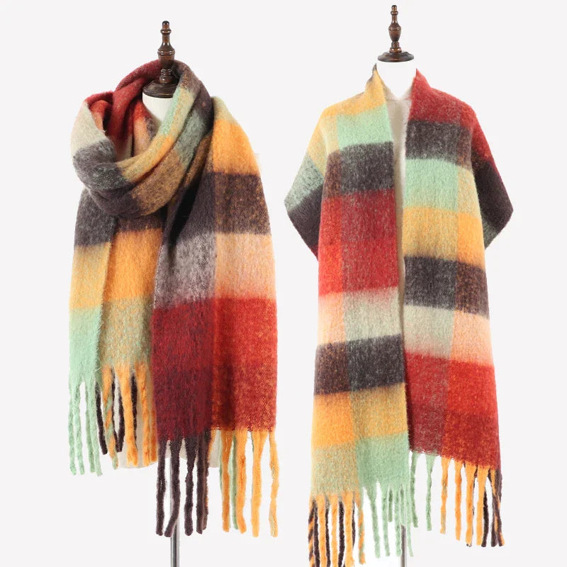 Luxury Brand Women Plaid Scarf Winter Warm Pashmina Shawls Cashmere Thick Wrap Lady Tassel Scarves Rainbow Hairy Bufanda