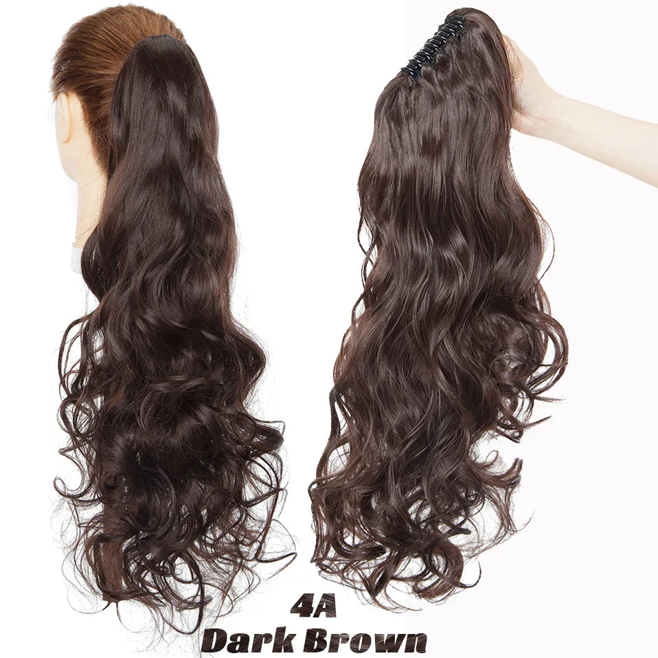 Benehair Synthetic 24inch Long Wavy Claw On Ponytail Black Brown Ombre Ponytail Deep Wave Hairpiece Clip In Extensions For Women