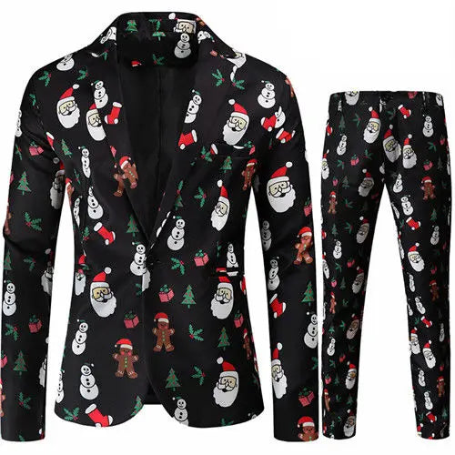 Red Printed Two-piece Men's Christmas Suit (Jacket + Pants) Stylish Male Blazer Coat with Trousers Black Green Blue S-4XL