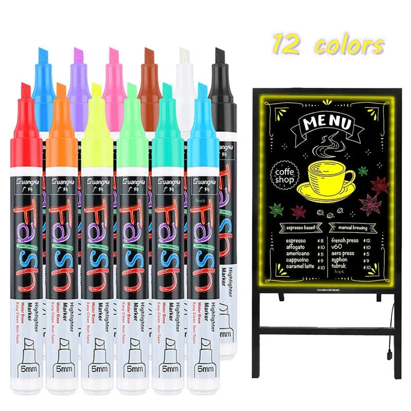 12 Pcs Liquid Chalk Markers Pens Erasable Colors Highlighters LED Writing Board Glass Neon Pen,  Chalkboard Blackboard, Windows