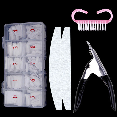 500Pcs/Box False Nails Tips Manicure Kit Nail File Lime 100/180 Buffer Block Cutter Scissors Cleaning Nail Brush Nail Art Tools