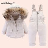 2pcs Set Children Winter Down Jacket and Jumpsuit for Baby Thicken Jacket for Girls Coat Warm Real Fur Collar Boys Snowsuit 0-4Y