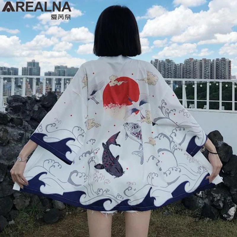 Japanese Kimono Traditional Clothing Crane Carp Anime Kimono Dress Shirts Women Samurai Haori Hombre Yukata Man Cardigan Shirt