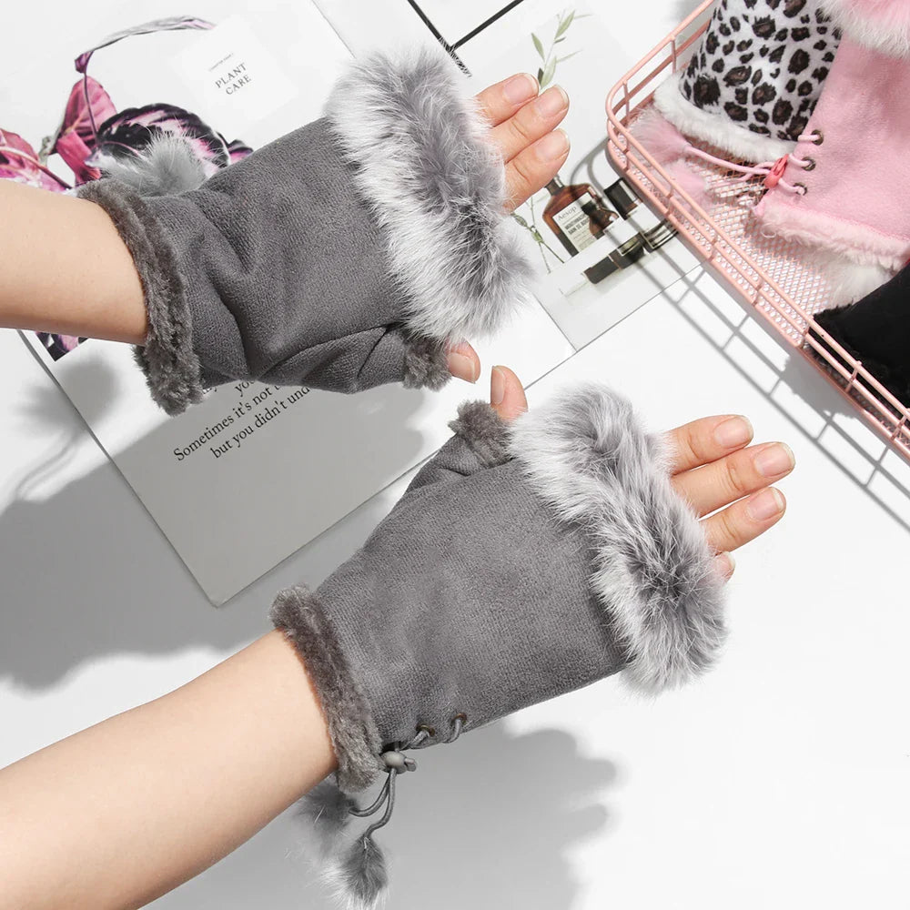 1 Pair New Fashion Faux Rabbit Hair Gloves Suede Leather Fingerless Soft Stretch Gloves Women Girls Winter Thicken Warm Mittens