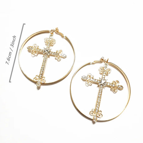 KUGUYS Big Hoop Cross Dangle Earring for Women Drop Metal Crystals Gold Silver Color Jewelry Round Vintage Accessories