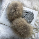 Real Sheepskin Fox Fur Gloves Women's Genuine Leather Glove Winter Warm Fashion Style Natural Fluffy Fox Fur Oversized Customize