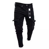 Men Slim Biker Ripped Long Denim Trousers Skinny Jeans pocket Young Man Jogging Pants Destroyed Stretchy-Black Pants